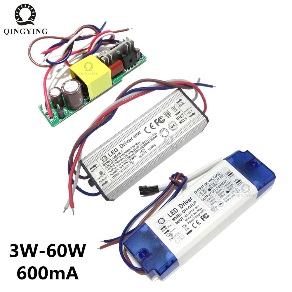 

5pcs 3W-60W High Power LED Driver 600mA Constant Current AC85-277V 1-2x3W 3-4x3W 3-10x3W 10-18x3W 18-30x3W Lighting Transformers