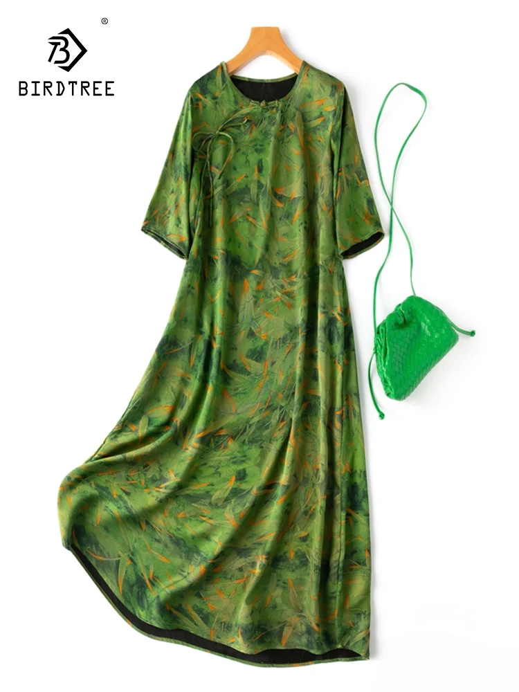 

Birdtree 45MM 100%Mulberry Silk Green Bamboo Dress Art Sense Fragrant Cloud Yarn National New Chinese Style Robe Dress D37557QC