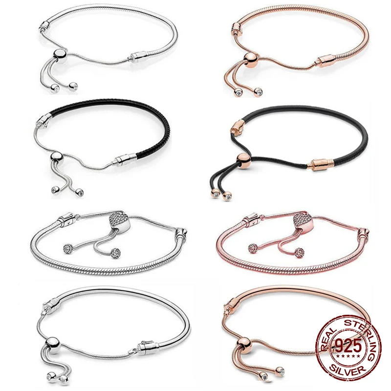 

925 Silver Fit Original Pandora Charms Bracelet Pave New Heart Push Pull Snake Bone Chain Telescopic Chain Adjustable Bracelet