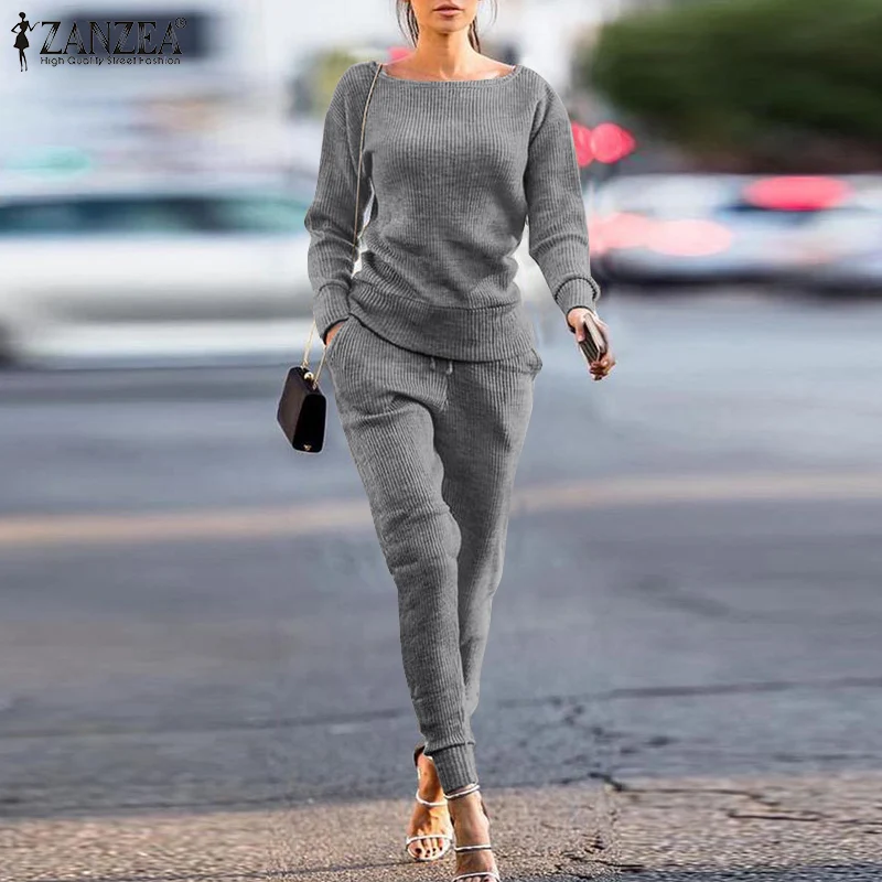 

Vintage Work 2PCS Women Elegant Solid Urban Tracksuit ZANZEA Casual Office Work Knitted Suits Spring Fashion Slim Lady Pant Sets
