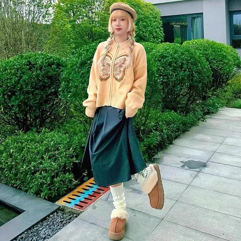 Y2k жаккардовый кардиган с бабочками на молнии Женский вязаный в Корейском стиле