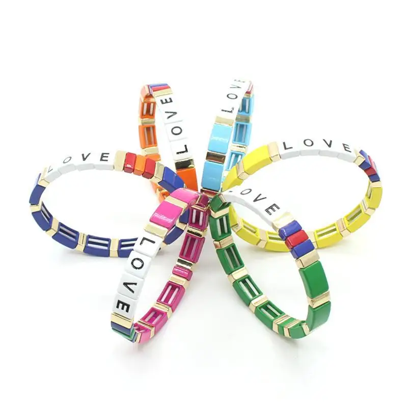

Boho Glamour Rainbow Colorblock Women's Bracelet Letter DIY Handmade Bead String Elastic Cord Cuff Fashion Jewelry for Women
