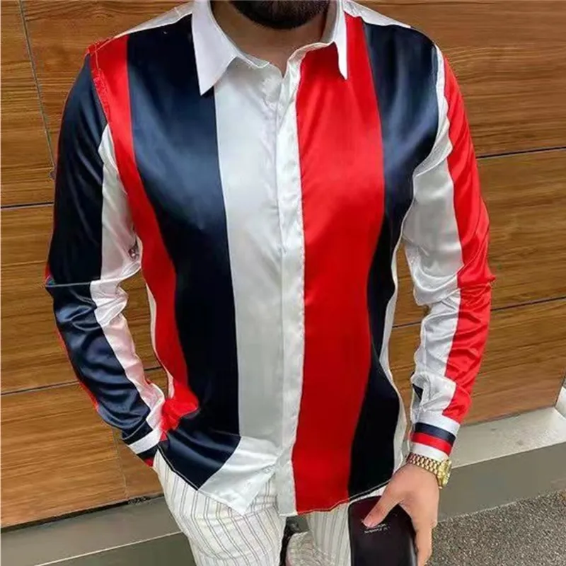 

2021New Men High Quality Shirts Casual Loose Turn-down Collar Stripe Printing Button Long Sleeve Tops Men Spring Autumn Clothing