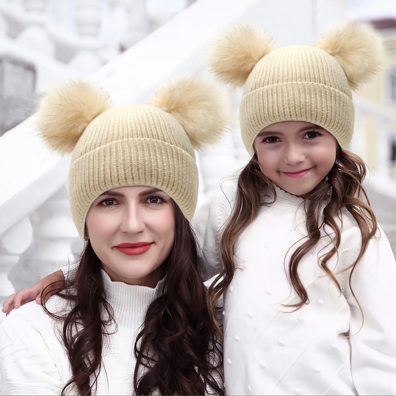 

Mom&Me Knit Wool Hat with Faux Fur Pom Pom， Winter Warm Head Wrap for Baby Girls Teens Women， Mommy and Children Photograpy Cap