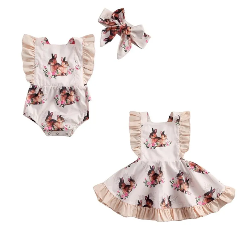 

Sister Matching Clothing Floral Rabbit Print Square Collar Fly Sleeve Dress Baby Romper with Headwear for Summer 0-5 Years Girls