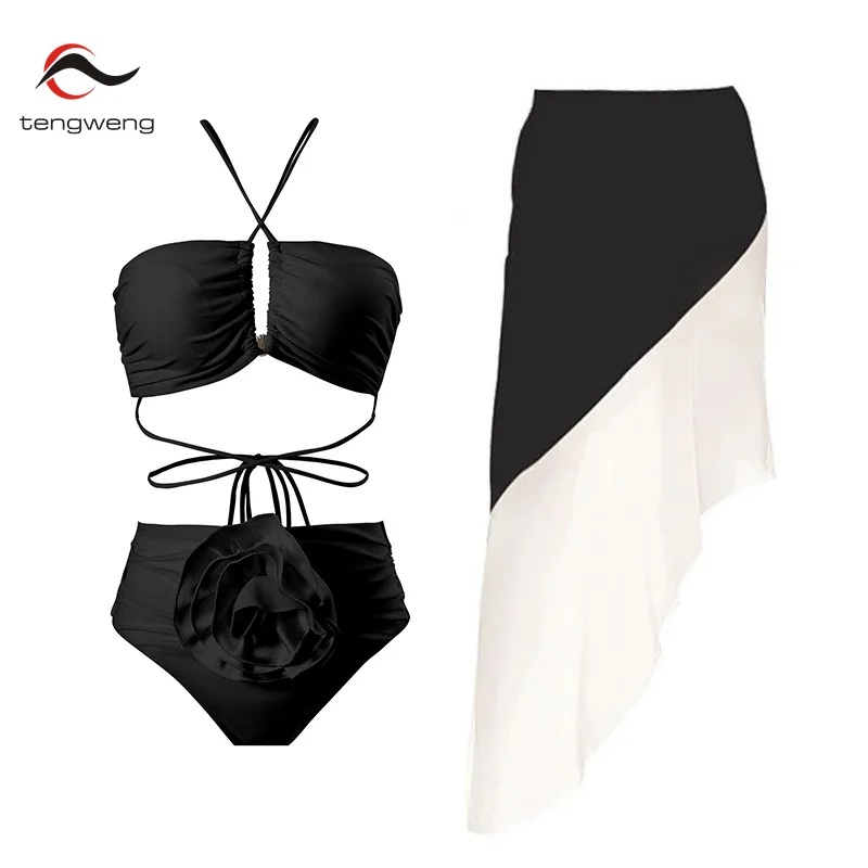 

Tengweng 2024 New Sexy 3D Flower Bikini Set Halter High Waist Bathing Suit Dress Beach Skirt Brazilian Biquini Swimwear Women