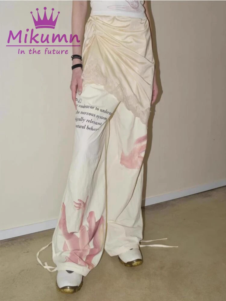 

Mikumn Y2K Women Vintage Printed Drawstring Cargo Pants Korean Fashion Streetwear Harajuku High Waist Loose Wide Leg Trousers