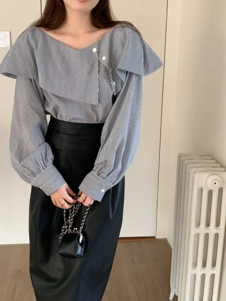 

Women's Autumn Irregular Striped Blouse Ruffled V Neck Shirts Full Sleeve Off Shoulder Tops French Style