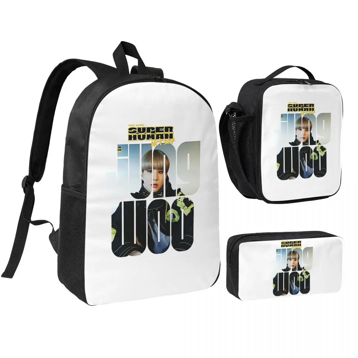 Фото Рюкзак NCT 127 Jungwoo Superhuman для мальчиков и девочек, школьная сумка, сумки на плечо, 3 шт., изолированная сумка для обеда, пенал №1