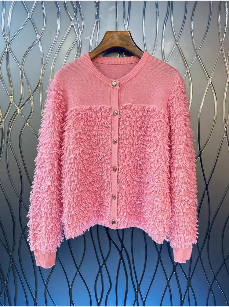 

Женский вязаный кардиган с бахромой, повседневный белый или розовый кардиган с длинным рукавом, верхняя одежда, осень-зима 2023