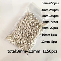3 12mm mix size 1150pcs pure white pearl wtraight holes round imitation plastic pearl beads for needlework jewelry making