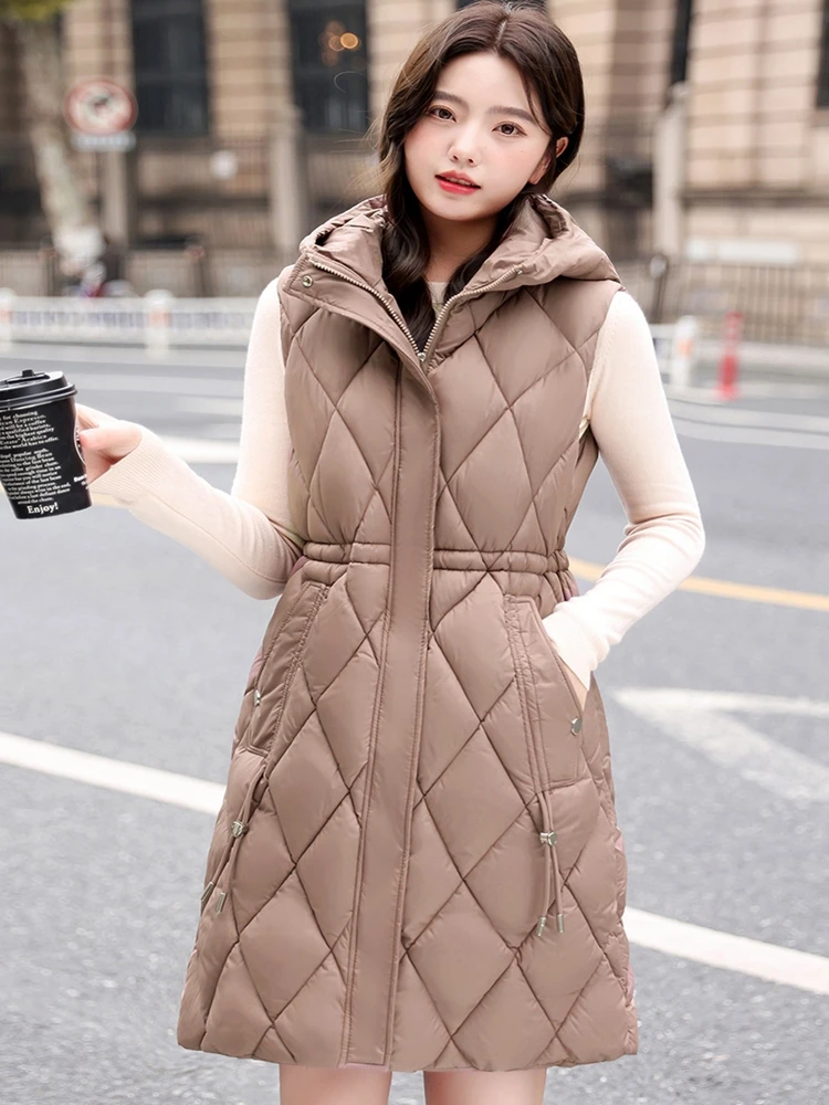 

2023 Autumn Winter Puffer Cotton Vest Women Warm Outerwear Casual Hooded Mid Length Thick Padded Sleeveless Waistcoat Winter
