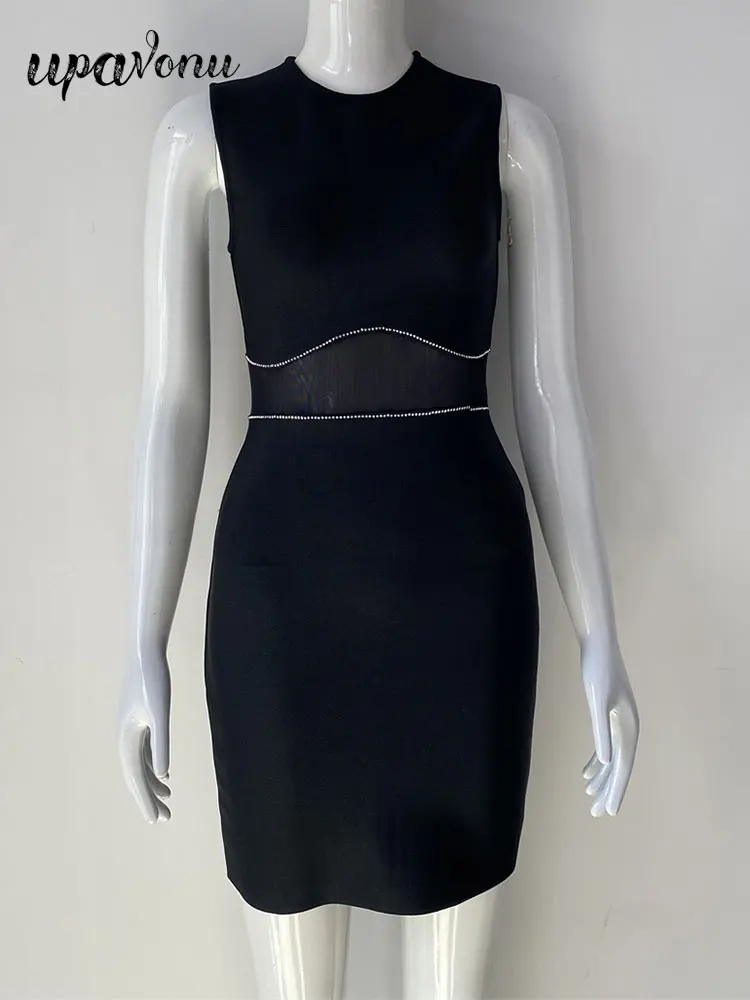 

Summer Black Bandage Dress 2022 Women O Neck Sleeveless Bodycon Lace Design Diamond Embellished Dress Club Evening Party Vestido
