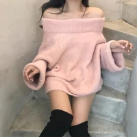 knitted sweater off shoulder pullovers sweater for women long sleeve female jumper pink white sexy clothing new 2021 slash neck