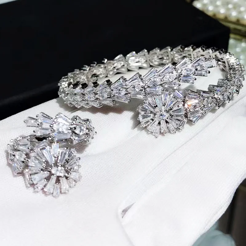 

Luxury Wedding Jewellery Set Bridal Jewelry Zircon Gold Cuff Bangles Silver Crystals Rings Fashion Charms Bracelets Open Ring