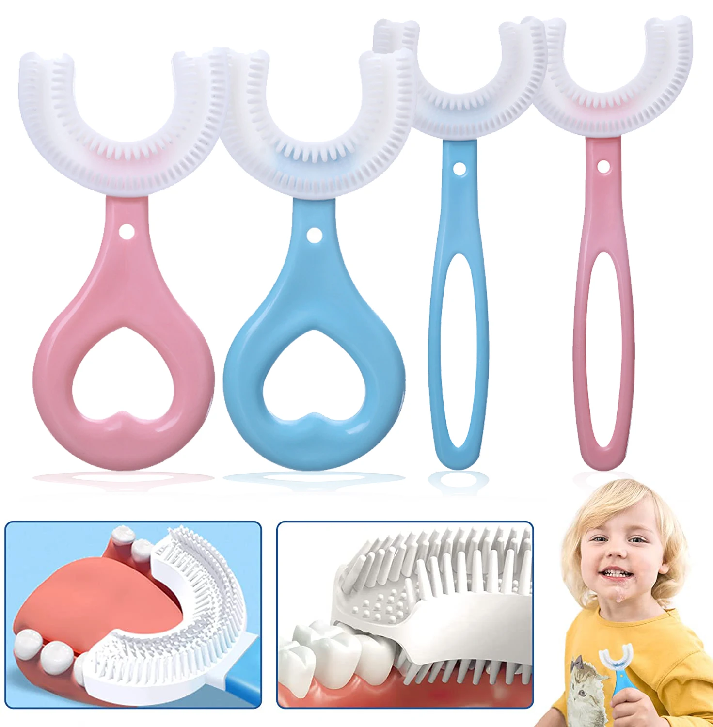 Baby Toothbrush U-Shape Toothbrush with Handle 2-12Years Kids Infant Silicone Oral Care Cleaning Brush for Baby Shower Gifts