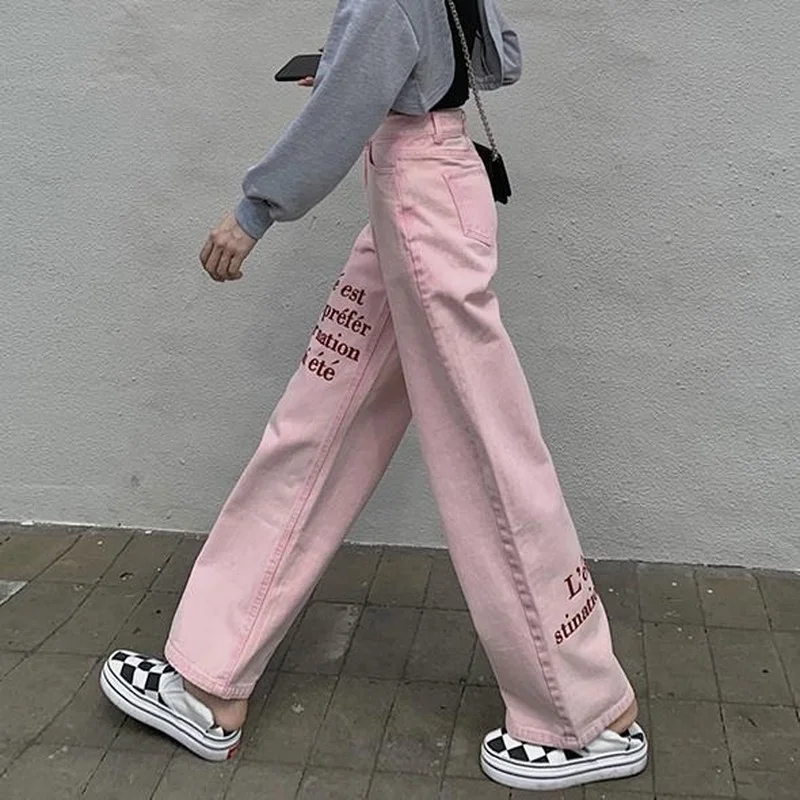 Women Casual High Waist oversized Wide Leg Jeans 2023 Letter Print Pink Straight Denim Pants Streetwear Boyfriend Style Jeans