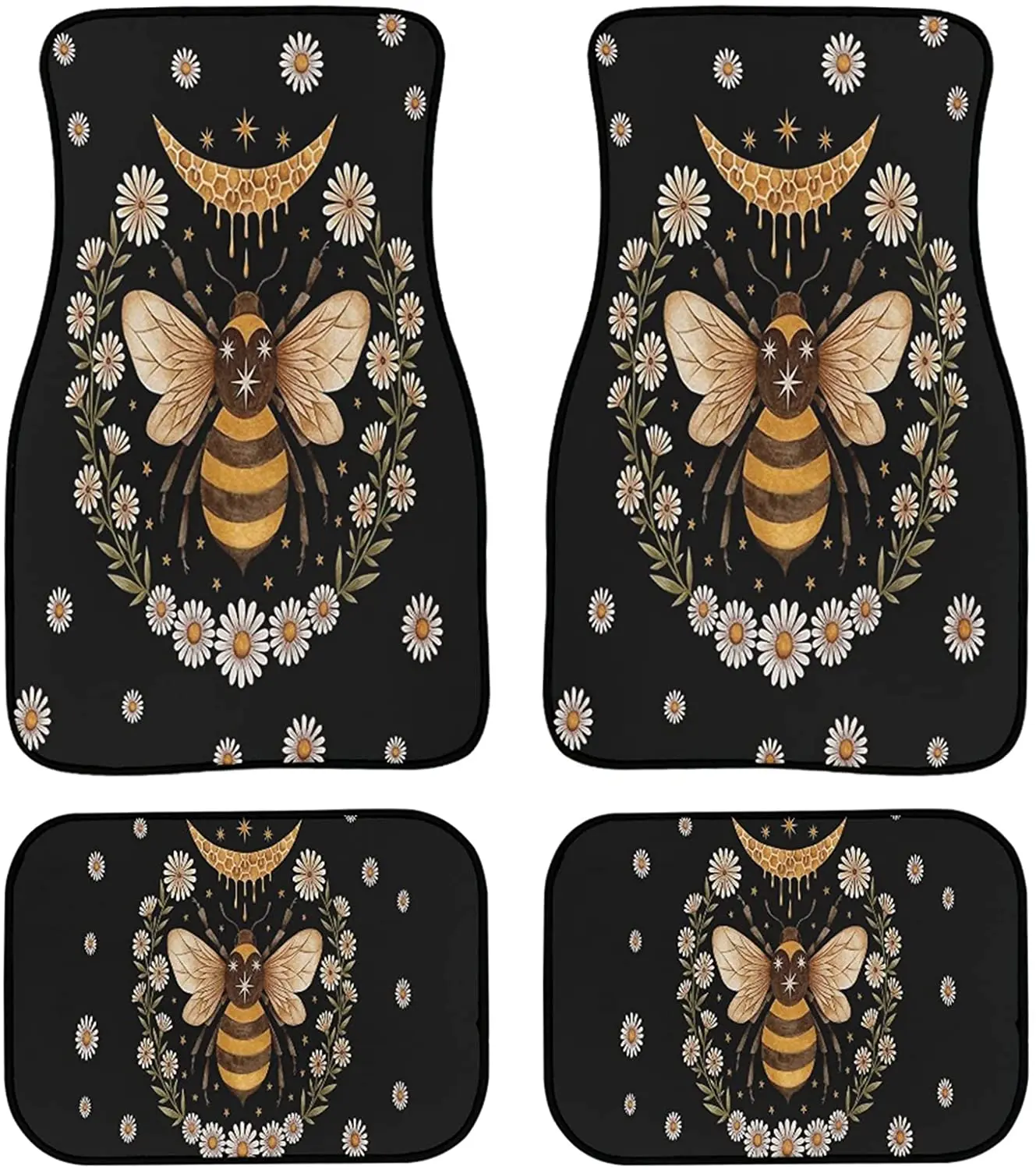 

Poceacles 4 Piece Front & Rear Car Floor Mats, Bee and Floral Moon Print Auto Floor Mats Universal Fit All Weather Cars Floor Pa