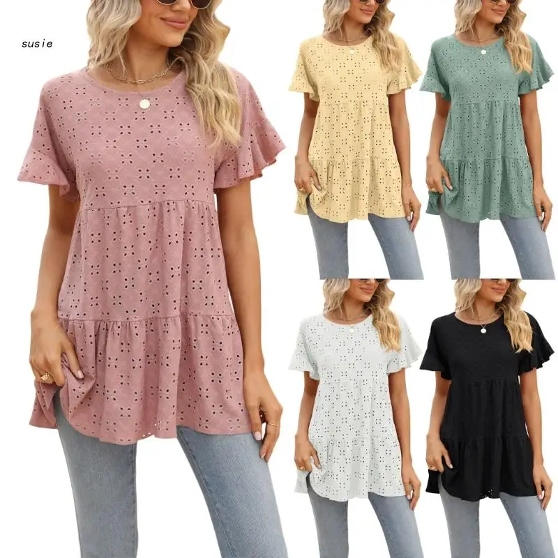 

X7YA Women Flared Short Sleeve O-Neck Blouses Hollow-Out Jacquard Solid Color Casual Loose Ruffle Hem Peplum Top Tunic Shirts
