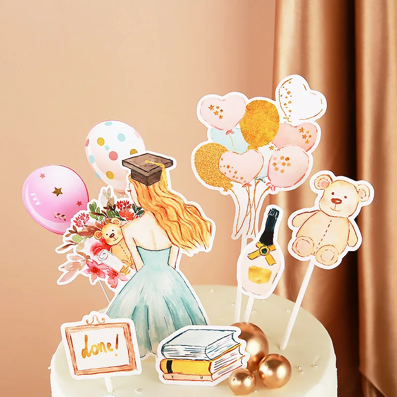 

Celebrate Graduation Cake Topper Happy Birthday Graduate Balloon Heart Boys Girls Cupcake Topper Baking Decor DIY Party Flag New