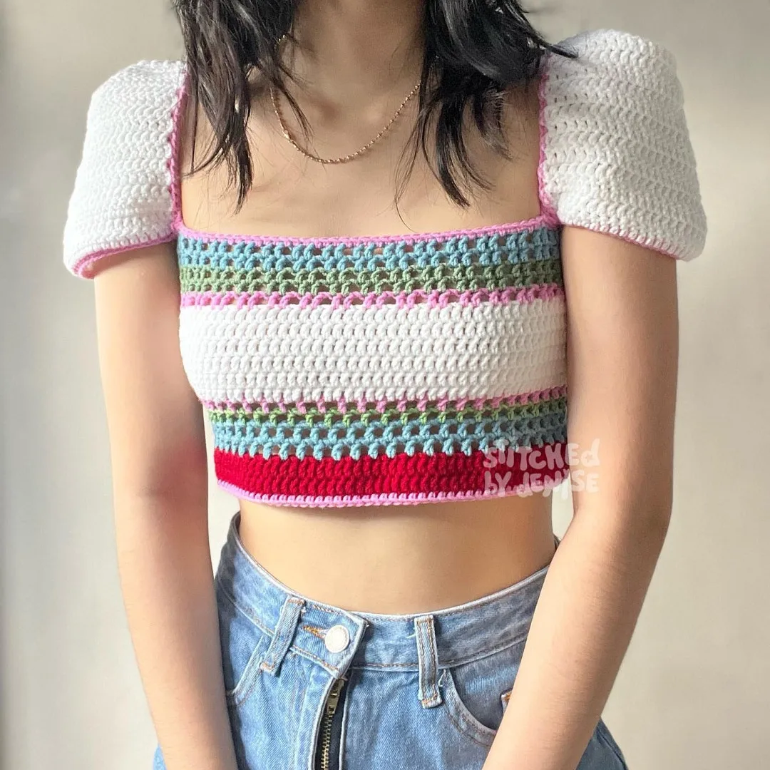 

Gaono Women Vintage Knitted Crop Top Summer Short Sleeve Square Collar Tie-up Backless T-shirt Y2K Fairycore Kawaii Crochet