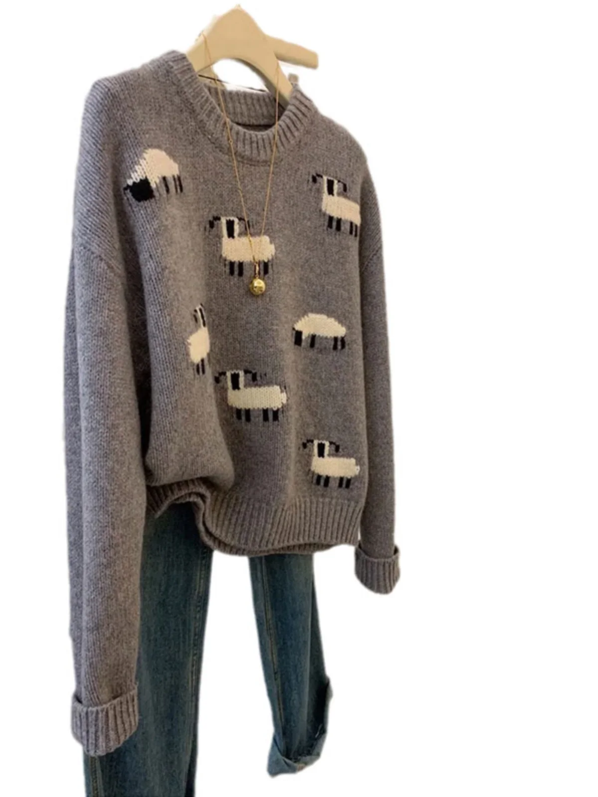 Жаккардовый свитер Western Sle Age-Reducing Little Sheep High Sense Super Nice Idle Серый вязаный топ на осень