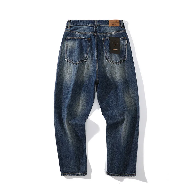 Vintage Cat Whisker Denim Trousers for Men Harajuku Loose and Worn Washed Straight Casual Pants