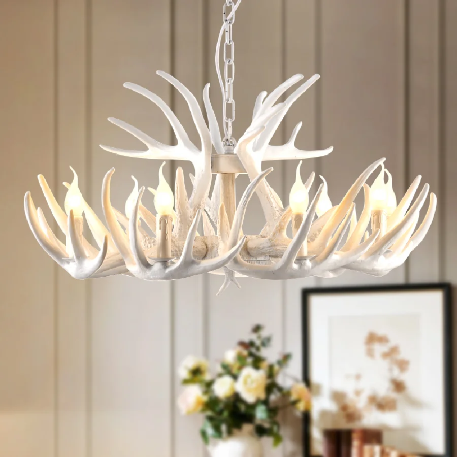 

Retro Art Resin resin antler chandelier White Lampshade Horn Deer Lamp Kitchen Bar Restaurant Hotel modern retro chandelier