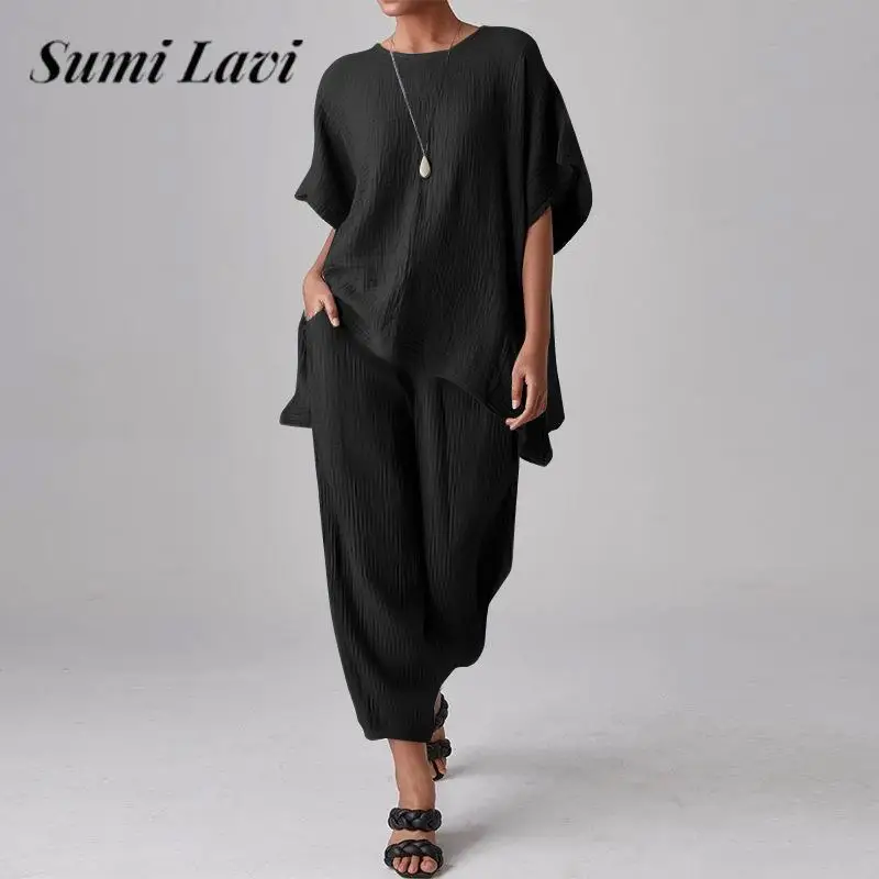 

Ladies Loose Pants Set Casual Cotton Linen Solid Color Two Piece Women's Set Simple Summer O Neck Half Sleeve Tops Trousers Suit