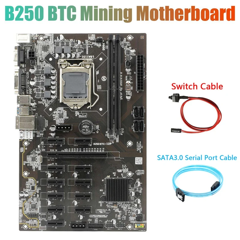 

B250 BTC Mining Motherboard With SATA3.0 Serial Port Cable+Switch Cable 12Xgraphics Card Slot LGA 1151 For BTC Miner