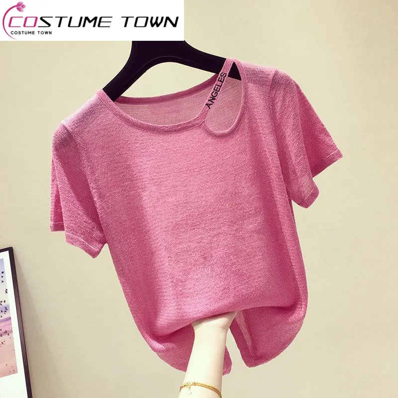 

Short Sleeved Women's Ice Silk T-shirt Knitted Top 2023 Spring/Summer New Super Hot Fashion Off Shoulder Short Sleeve