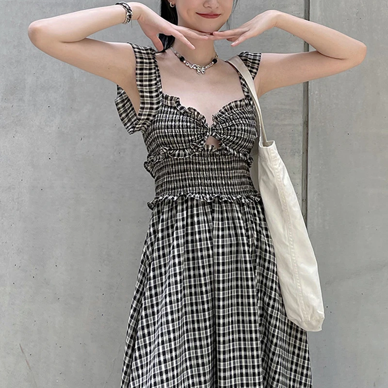 

Chic Korean Plaid Dress Women Summer Flying Sleeve Ruffles Hollow Out Long Dress Vintage Sexy Dress Female