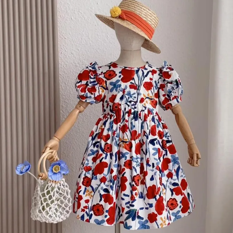 

Summer 2022 New Cute Puff Sleeve Floral Printed Princess Dress Kids Cotton Comfortable Casual Dresses Children Clothing y304