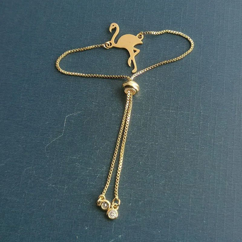 

12 Pieces Gold Flamingo Bird Bracelet Stainless Steel Wristband With Copper Chain Jewelry Adjustable Size Wholesale
