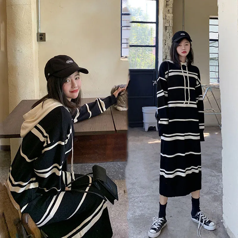 

Preppy Style Loose Casual Hooded Sweatshirt Knitted Pullovers Autumn Winter Warm Coat Black and White Striped Long Sweater Dress