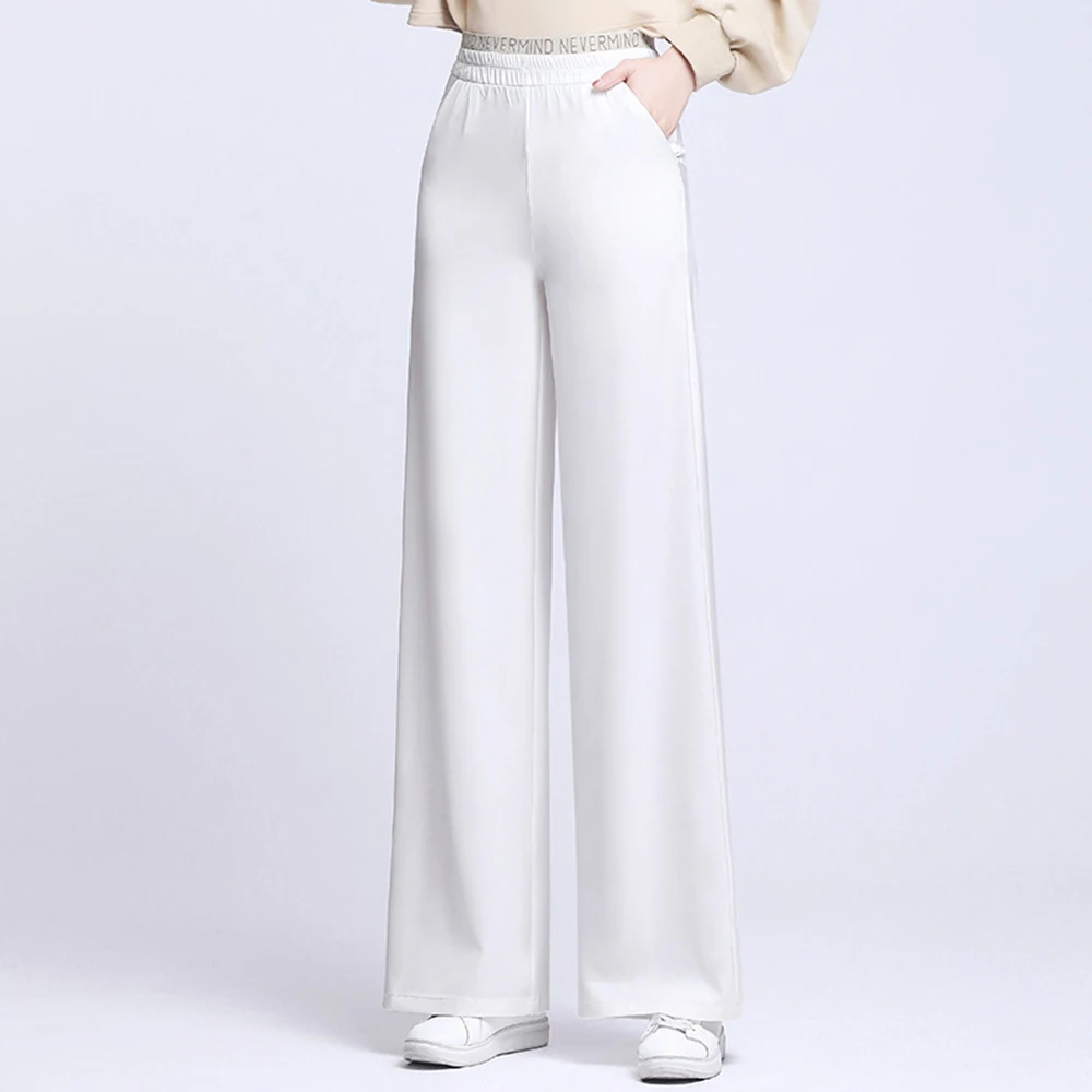 

2022 summer new wide leg pants women high waist loose thin long elastic band white black soft trousers imitation silk 6XL 8XL