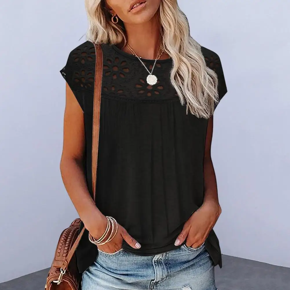 

Elegant Women Top Mid Length Solid Color Summer Blouse Cutout Lady Summer Top