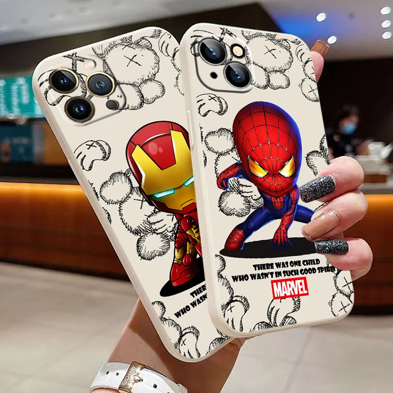 

Cute iron man spiderman For iPhone 13 12 11 Pro Max Mini X XR XS Max 6 6s 7 8 Plus Phone case White liquid silicone funda coque