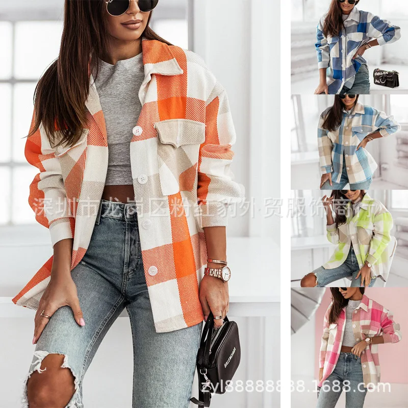 

Новинка Осень-зима 2023, модная клетчатая рубашка, шерстяное пальто, Женская приталенная куртка с длинным рукавом