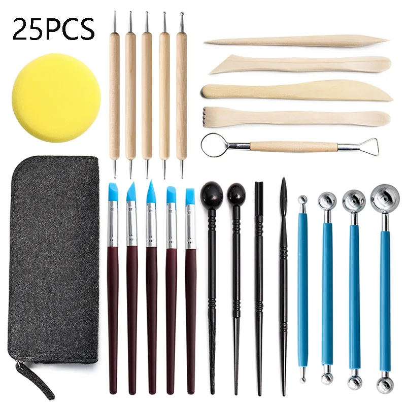 

25pcs Pottery Tools Clay Shaping Sculpting Modeling Handicraft Auxiliary Carving Knife Pill Stick Point Drill Pen Dotting Tools