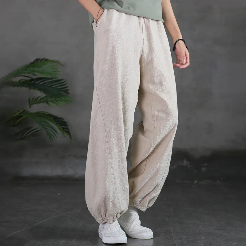 New Women Ankle Length Casual Straight Pencil Solid Elastic Waist Harem Oversized Size Thin Cotton Linen Cargo Trousers Wide Leg