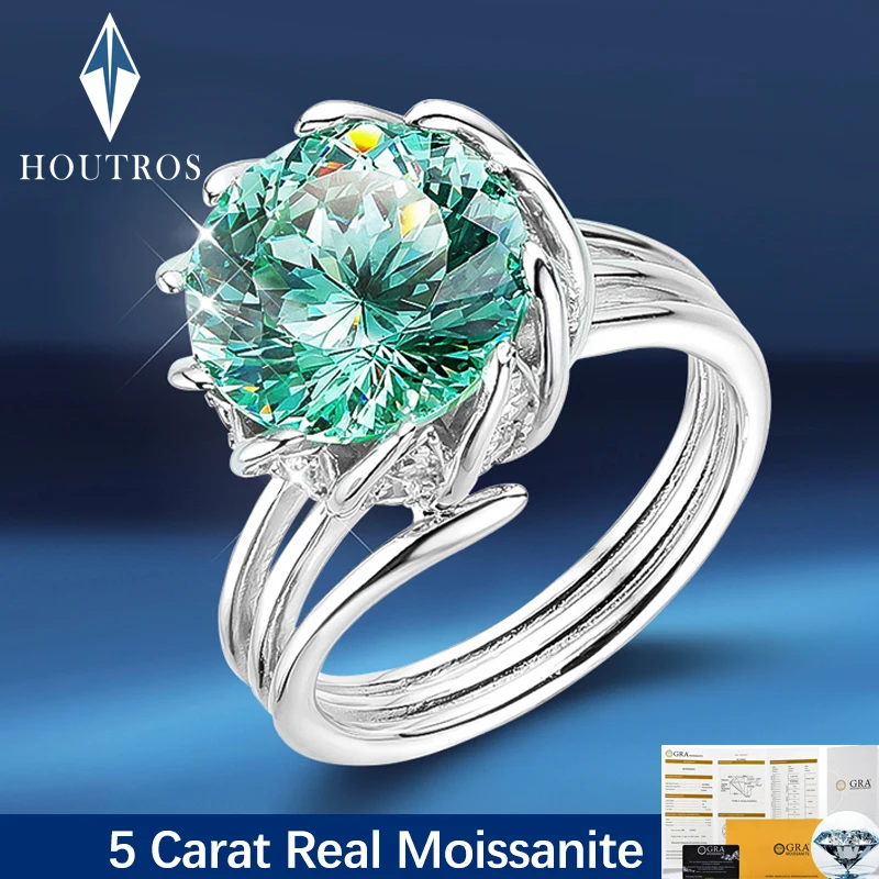 

Houtros 3CT 5CT Green Moissanite Ring 925 Sterling Silver Wedding Lotus Flower Diamond Gemstone Rings Anniversary Fine Jewelry