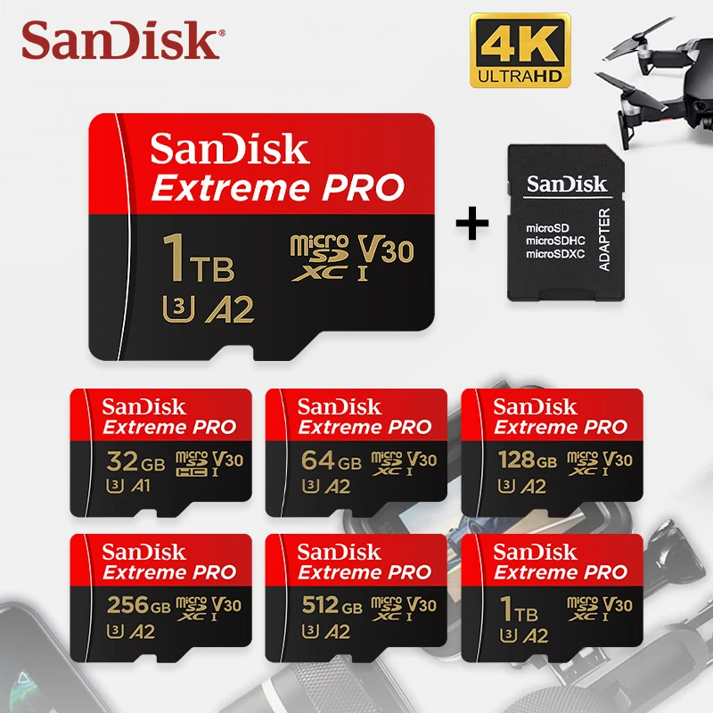 Фото Оригинальная карта SanDisk ExtremePRO microSDXC UHS-l с адаптером 64G 128G 256G 512G 1T U3 A2 V30 4K 32G A1 для планшета/монитора/ПК №4