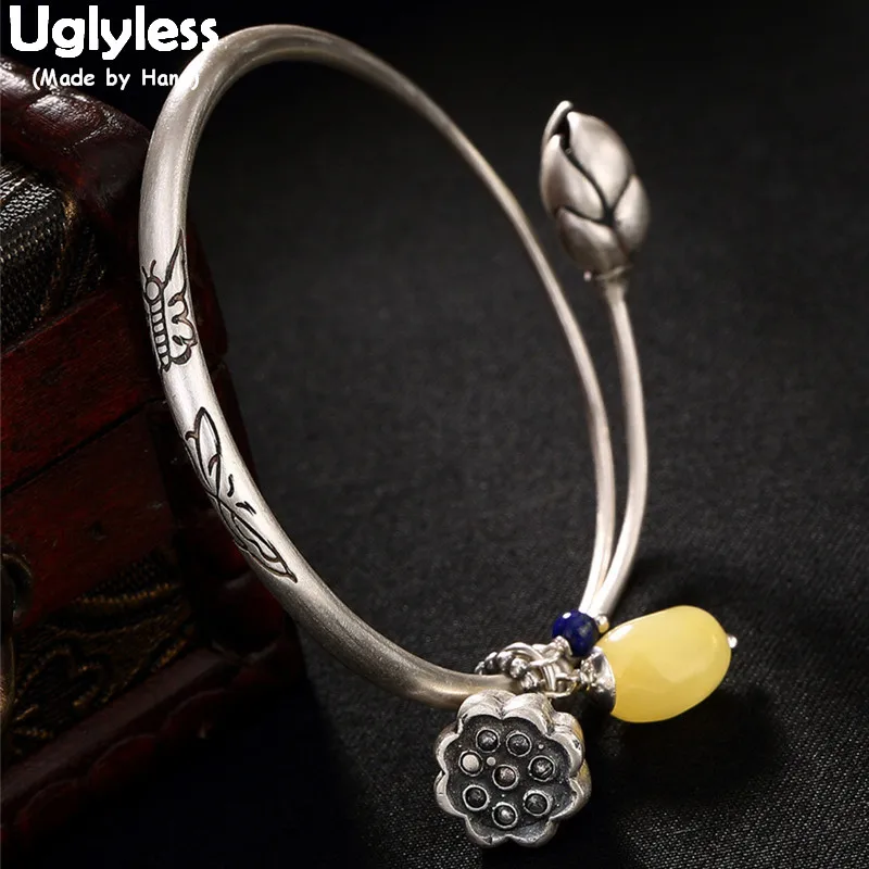 

Uglyless Real S990 Fine Silver Jewelry Natural Amber Charms Bangles Women Handmade Engraved Butterfly Bangle Ethnic Lotus Bijoux