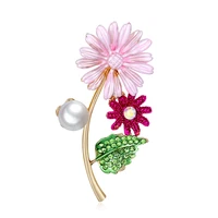 enamel pink chrysanthemum brooches pearl daisy flower corsage for women girls diy bouquet banquet party pins jewelry