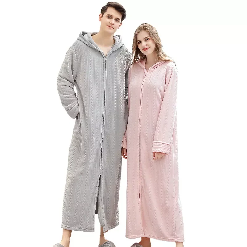 

2021 Women's Autumn Winter Flannel Bathrobe Solid Zipper Hood Sleepwear Female Ankle Length Loose Thicken Nightgown Lady