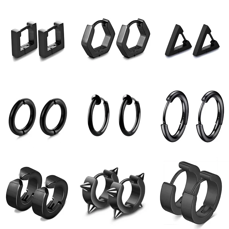 

1 Pairs Black Punk Hoop Earrings Stainless Steel Round Earring for Men Women Triangle Square Round Geometric Stud Earrings Set