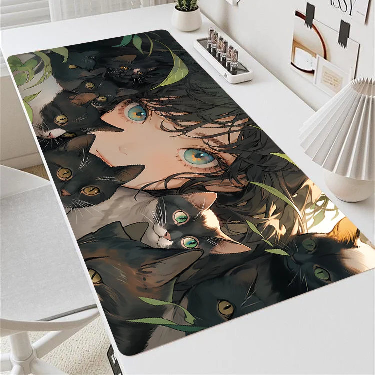Коврик для мыши 90x40 Аниме Кот Большой Зеленый Девушка Настольный коврик