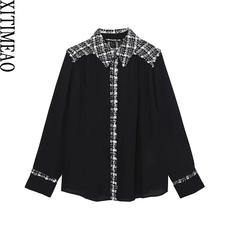 

XitimeaoWomen Fashion Patchwork Tweed Flowy Shirts Vintage Long Sleeve Button-up Female Blouses Blusas Chic Loose Black Tops