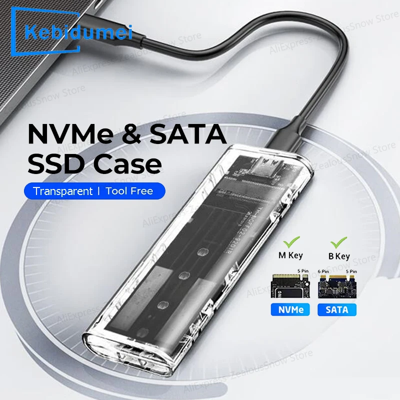 Фото Протокол M.2 NVME PCIe NGFF SATA SSD Case Clear USB Type C 5/10 Гбит/с PCI-E M2 SSD Прозрачный внешний корпус Коробка для жесткого диска №1